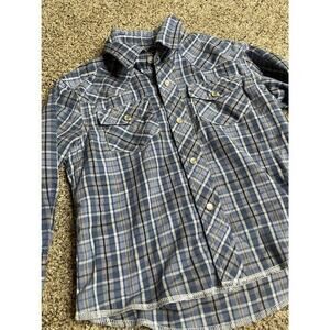 Wrangler Shirt Boys XXS (0-2) Western Pearl Snap Plaid Rodeo Blue Shirt